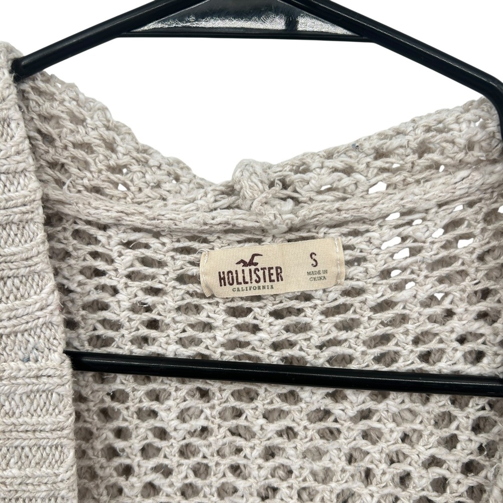 Hollister Y2K Hooded Open Knit Crochet Cardigan Sweater S Oatmeal Beige Boho - Picture 3 of 8